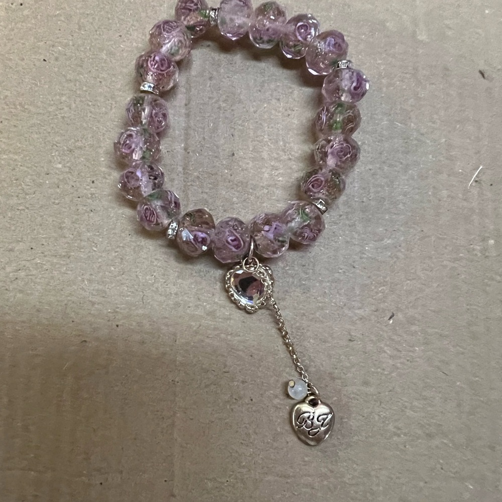 Betsey Johnson Pink Floral Beaded Bracelet with Heart Charms